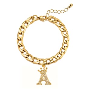 Gold Plated Crystal Letter Charm Curb Bracelet - A