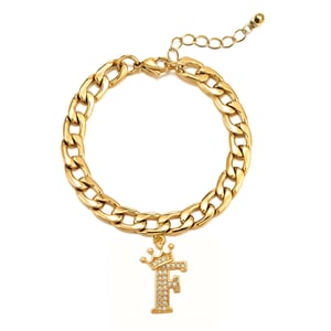 Gold Plated Crystal Letter Charm Curb Bracelet - F