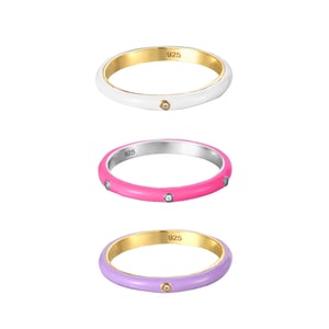 18ct Gold Plated Sterling Silver Coloured Enamel White Cubic Zirconia Pastel Ring Stacking Set