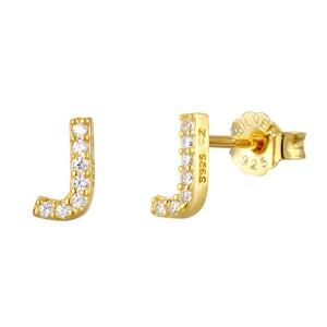 18ct Gold Plated Sterling Silver White Cubic Zirconia Initial Stud Earrings - J