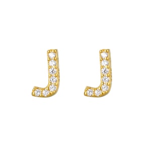 18ct Gold Plated Sterling Silver White Cubic Zirconia Initial Stud Earrings - J