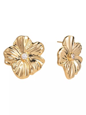 Gold Plated Oversized Floral White Cubic Zirconia Stud Earrings