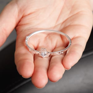 Sterling Silver Claddagh White Cubic Zirconia Hinged Bangle