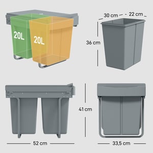 4goodz Uitschuifbare inbouwprullenbak 40 liter verdeeld in 2 x 20 l -