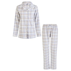By Louise Dames pyjama set flanel lang met knoopsluiting blauw/wit geruit
