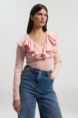 Compact Wool Look Ruffle V Neck Knit Top