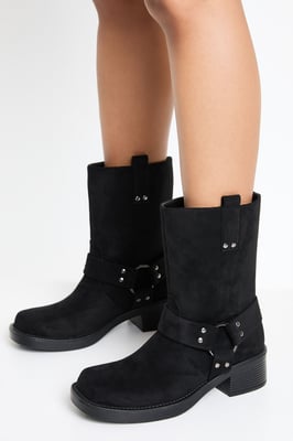 Faux Suede Harness Detail Biker Boots