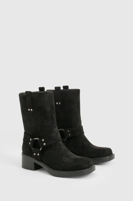 Faux Suede Harness Detail Biker Boots