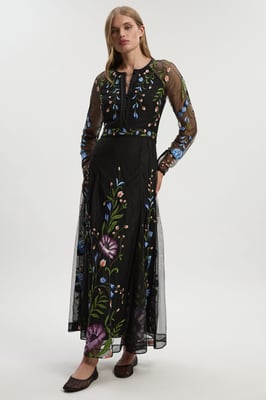 Petite Placed Floral Embroidered Mesh Woven Belted Maxi Dress