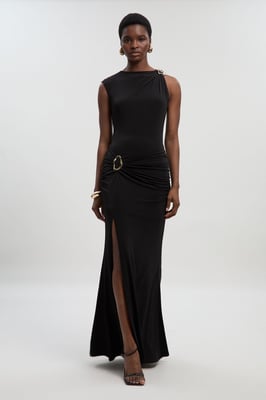 Drapey Crepe Trim Detail Ruched Maxi Dress