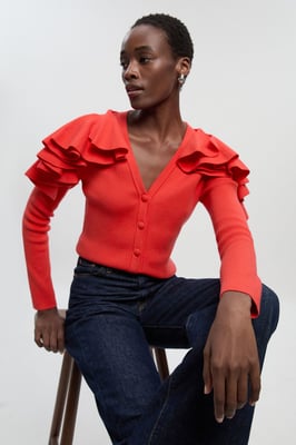 Compact Wool Look Ruffle V Neck Cardigan