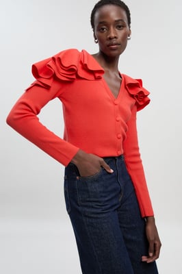 Compact Wool Look Ruffle V Neck Cardigan