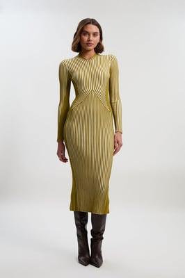Stripe Fitted Long Sleeve Knitted Midi Dress