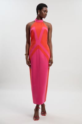 Compact Stretch Colour Block Tailored Halter Neck Midi Dress