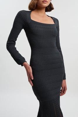 Pointelle Stitch Detail Sheer Panel Knit Midi Dress