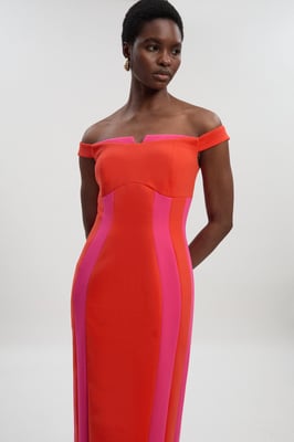 Compact Stretch Colour Block Tailored Bardot Midi Dress