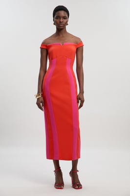 Compact Stretch Colour Block Tailored Bardot Midi Dress