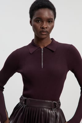 Knitted Zip Neck Pu Mix Pleated Mini Dress