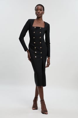 Figure Form Woven Mix Military Button Blazer Knit Midi Dress