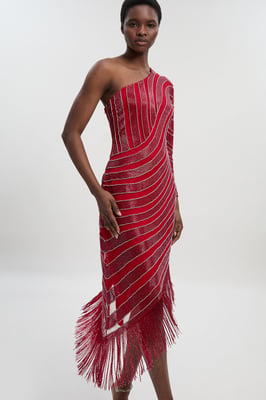 Petite Thigh high Split Embellished Woven Fringed Midi Dress