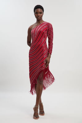 Petite Thigh high Split Embellished Woven Fringed Midi Dress