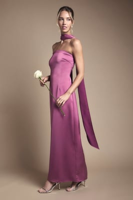 Bandeau Satin Bridesmaid Maxi Dress With Scarf