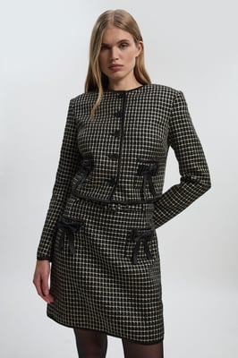 Tailored Tweed Bow Detail Collarless Jacket