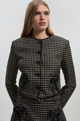 Tailored Tweed Bow Detail Collarless Jacket