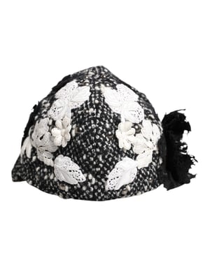 Svart Ull Vit Blomdekorerad Cloche Hatt