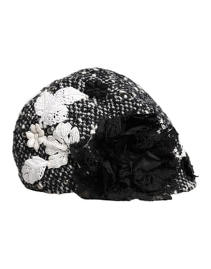 Svart Ull Vit Blomdekorerad Cloche Hatt
