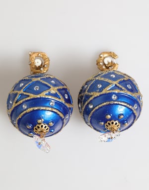 Gouden Messing Blauwe Kerstbal Kristallen Dangle Clip-On Oorringen