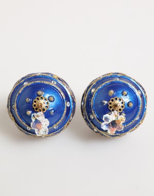 Gouden Messing Blauwe Kerstbal Kristallen Dangle Clip-On Oorringen