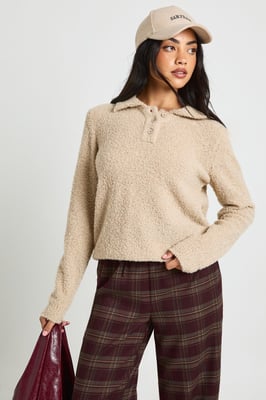 Soft Boucle Knit Collared Button Down Oversized Jumper