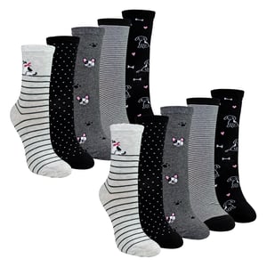 10 Pairs Ladies Dog Patterned Socks - Soft Cotton Rich Fun Dog Design Socks