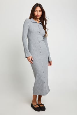 Ribbed Collared Button Down Shirt Midaxi Dress