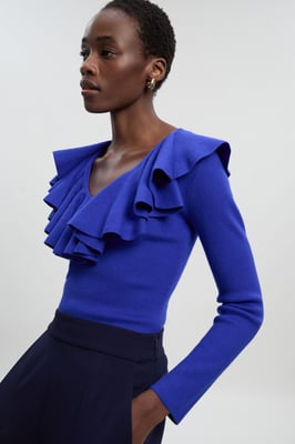 Compact Wool Look Ruffle V Neck Knit Top