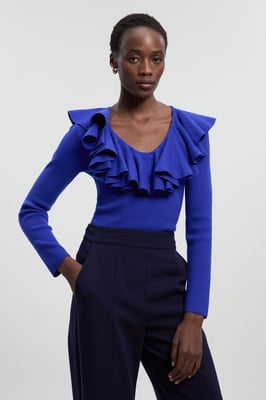Compact Wool Look Ruffle V Neck Knit Top