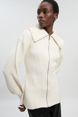 Cable Knit Balloon Sleeve Peplum Zip Through Cardigan