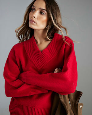 River Island Womens Jumper Red Knitted V-Neck Long Sleeve