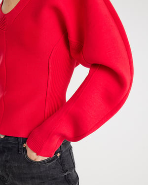 River Island Womens Knitted Top Red Structured Sleeve V-Neck