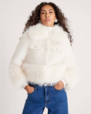 River Island Womens Trophy Jacket Cream Faux Fur Boucle Hybrid
