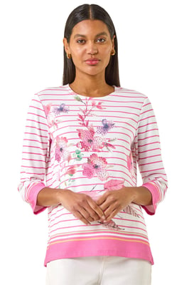 Stripe Floral Print Stretch Top