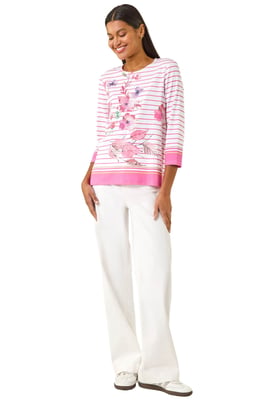 Stripe Floral Print Stretch Top