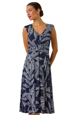 Leaf Print Twist Front Stretch Dress
