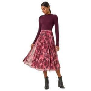 Rose Print Mesh Layered Skirt