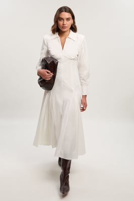 Pleated Detail Cotton Long Sleeve Woven Midi Dress