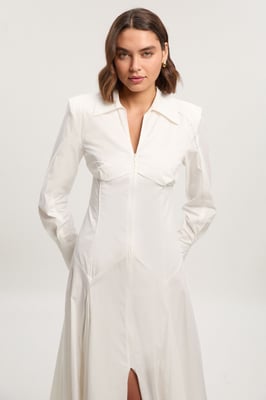 Pleated Detail Cotton Long Sleeve Woven Midi Dress