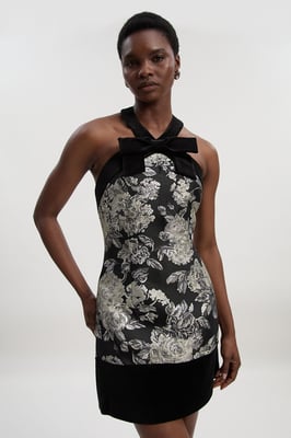 Velvet And Jacquard Contrast Halterneck Tailored Mini Dress