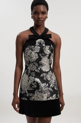 Velvet And Jacquard Contrast Halterneck Tailored Mini Dress