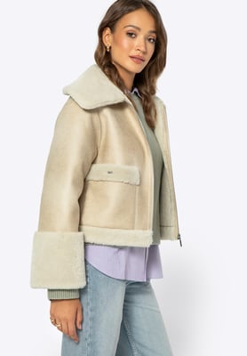 Wittchen Woman Kort Damesjack met Imitatiebont, Lichtbeige, Eco-leer